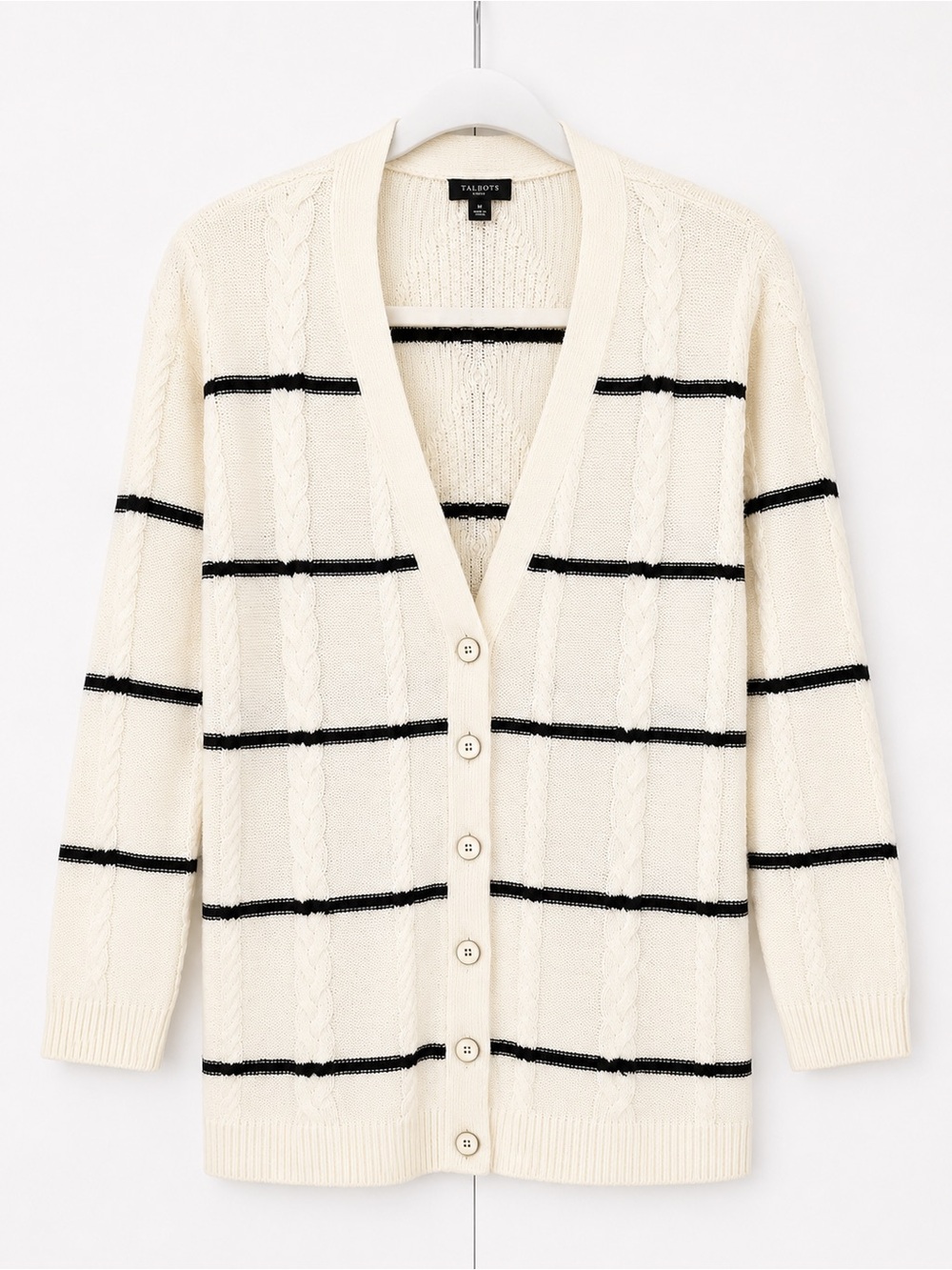 Talbots Cream Cardigan with Black Horizontal Stripes